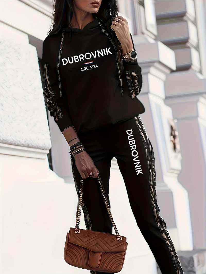 Ensemble sweat à capuche imprimé lettre pour femme, sweat-shirt à manches longues et pantalon à taille élastique_voghion.com