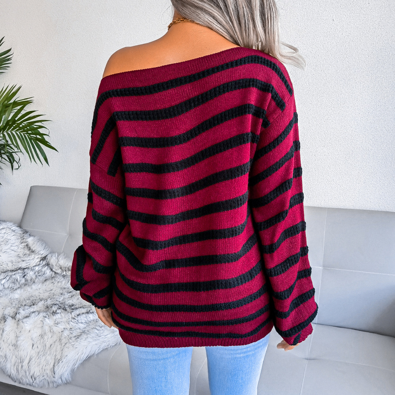 Autumn And Winter Off-Shoulder Casual Loose Striped Knitted Sweater Women's Fashion_voghion.com
