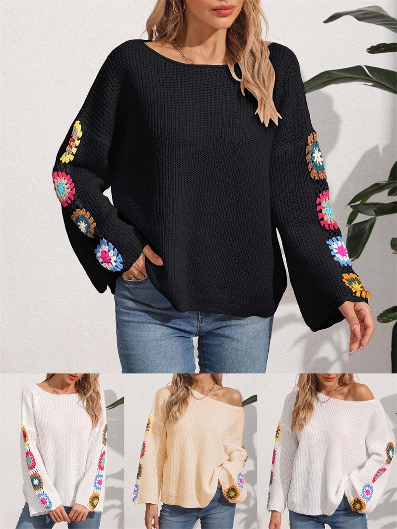Pullover mit handgehäkelten Details, lässiger, lockerer Strickpullover für Damen, langärmliges Oberteil mit Rundhalsausschnitt (Weiß/Schwarz/Beige)_voghion.com