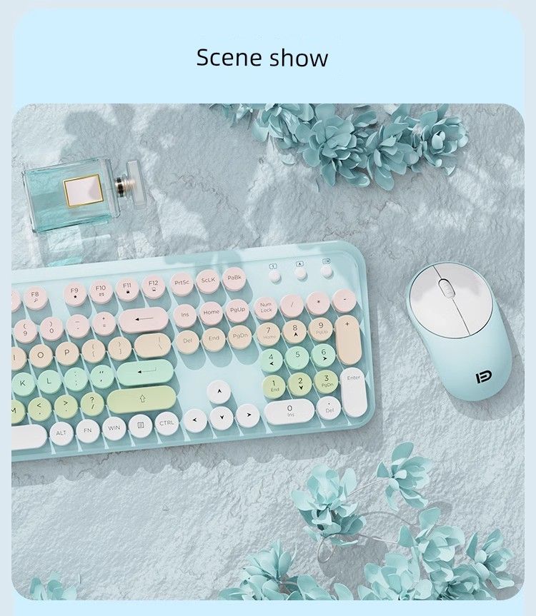Prewalker Retro Nette Drahtlose Tastatur Und Set Notebook Büro Gut aussehende Runde Teile Mädchen Student Schlüssel Maus_voghion.com
