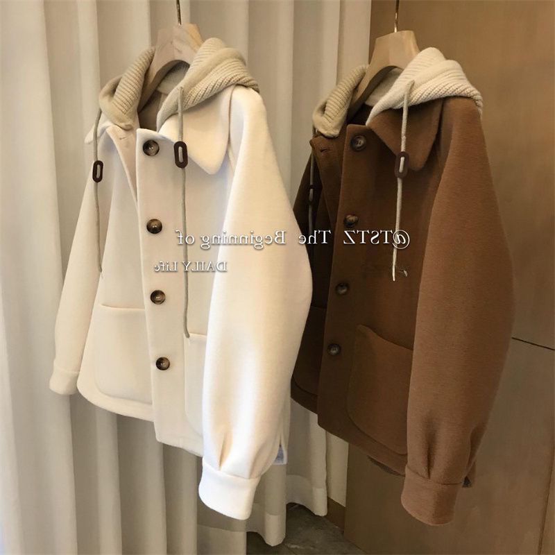 Roupas femininas retalhos de malha com capuz casaco de lã para mulheres outono e inverno design nicho casaco tendência_voghion.com