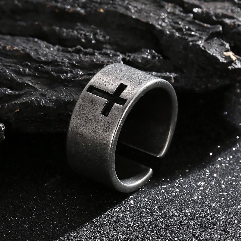 Men's Jewelry Creative Personality Trendy Rings Blackened Retro Old Titanium Steel Men's Hollow Cross Open Ring_voghion.com