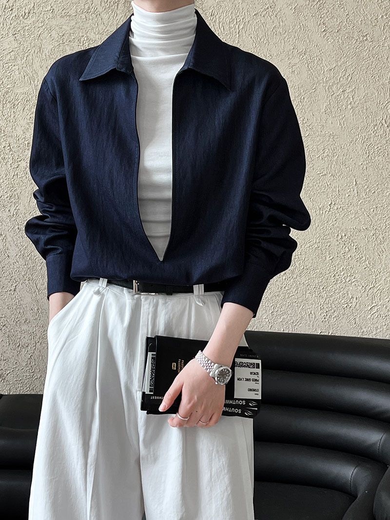 Camicia casual a maniche lunghe con scollo a V da donna - Blusa leggera in stile denim per strati e abbigliamento quotidiano_voghion.com