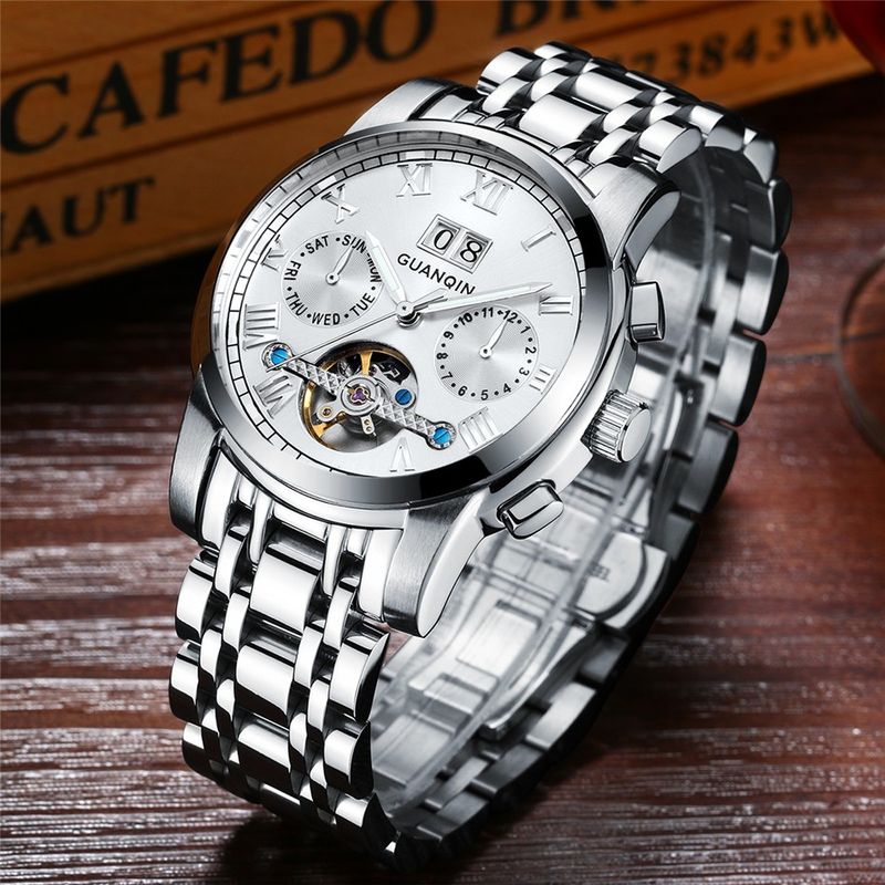 GUANQIN Origineel ontwerp Skeleton Tourbillon Horloge Heren Automatisch Mechanisch Lichtgevend Roestvrijstalen Polshorloge Mode Casual_voghion.com