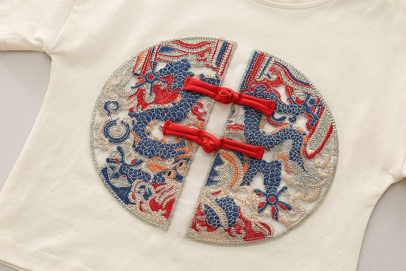 T-shirt a maniche corte con collo rotondo con bottoni cinesi in stile occidentale per bambini nuovi estivi, set in due pezzi per ragazzi e ragazze_voghion.com