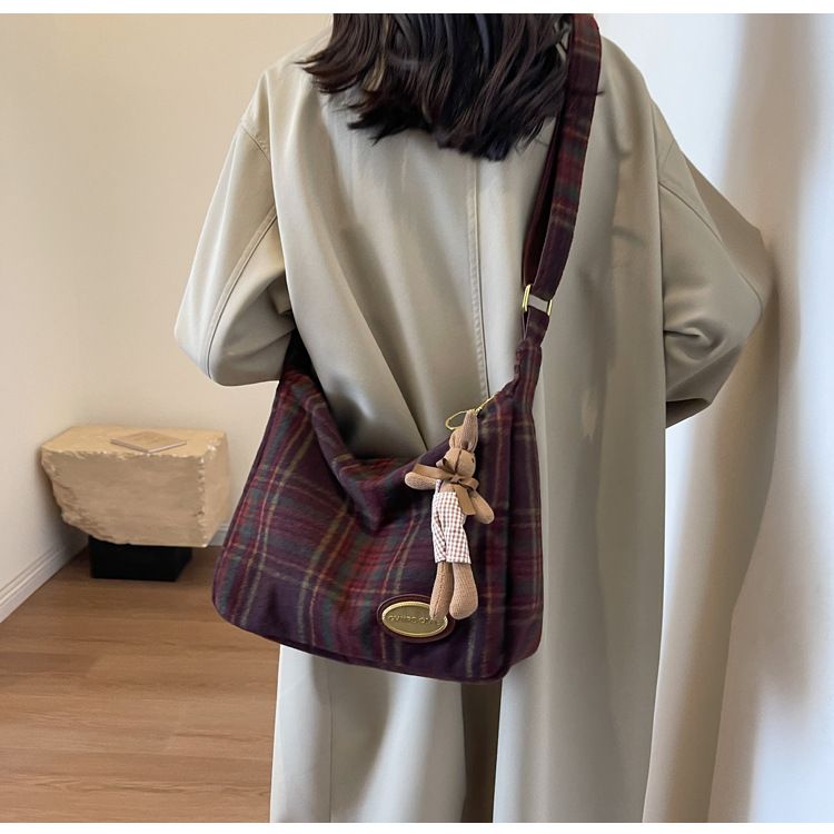 Nuova borsa a tracolla retrò per donna, borsa a tracolla in lana scozzese autunnale e invernale, ragazza di moda di nicchia_voghion.com