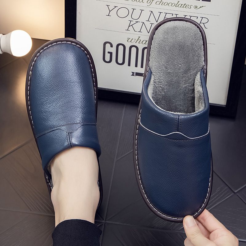 MTX Haining Genuine Home Winter Women's Warm Thick Sole Non-Slip Leather Surface Couple Furry Cotton Slippers For Men_voghion.com