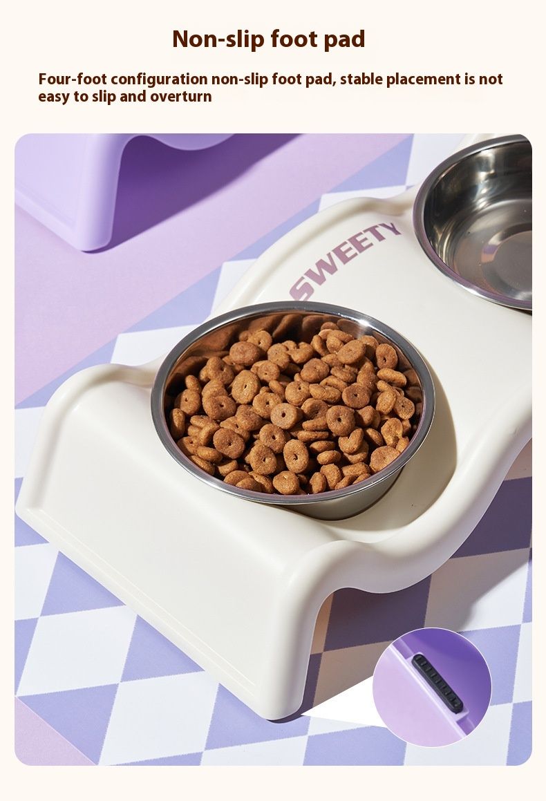 Meow Dobbeltbølge Creme Halsbeskyttelse Kat Rustfrit Stål Skridsikkert og Anti-Banke Kæledyr Stor Kapacitet Hundeskål_voghion.com