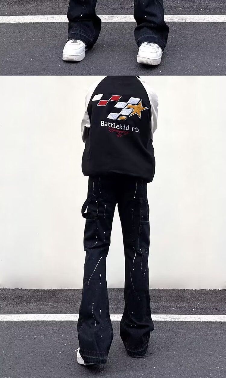 Men's Clothing High Street Vibe Style Zipper Slit Jeans Men Ins Loose Straight Ink Splashed Micro Flared Trousers_voghion.com