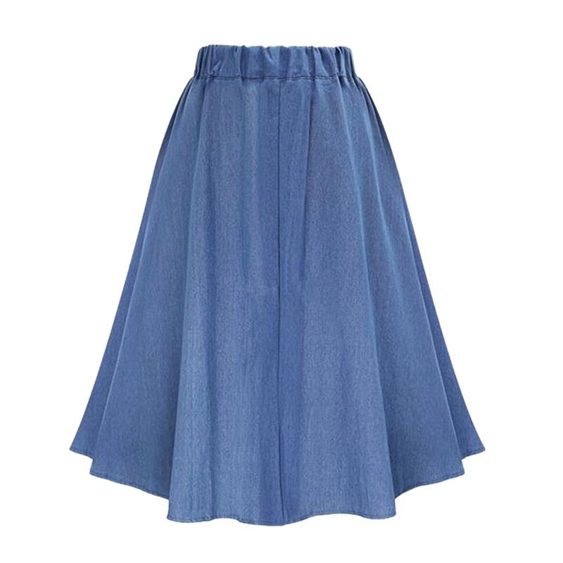 Gonna midi plissettata con bottoni alti in denim da donna, con elastico in vita, lunghezza al ginocchio, abito estivo, vendita calda_voghion.com