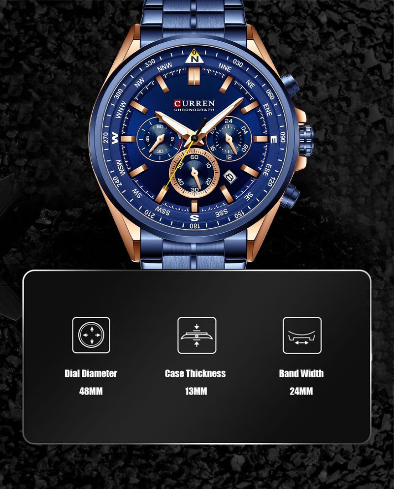 Orologio da uomo al quarzo in acciaio inossidabile con datario, orologio da polso analogico multifunzionale a 6 lancette, orologio casual da lavoro_voghion.com