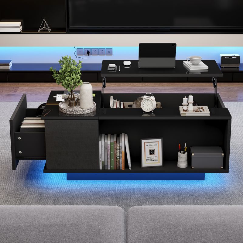 Table basse réglable en hauteur 100 x 50 x 40 cm avec rangement dissimulé, éclairage LED, tiroir, table d'appoint de salon, noire_voghion.com