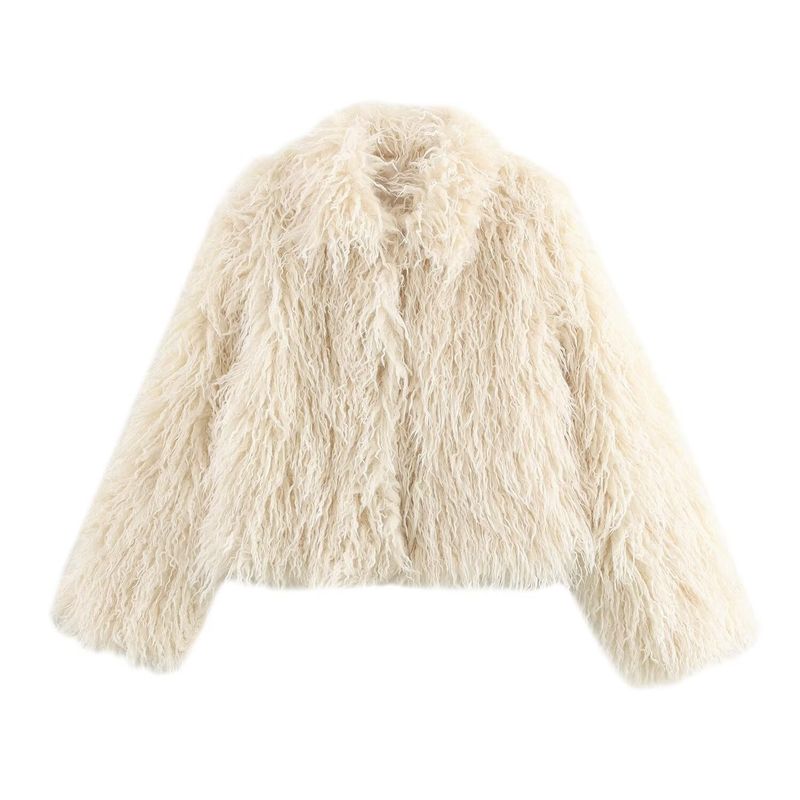Damenbekleidung Luxus Kunstpelzmantel mit Reverskragen – Langärmlige Winterjacke in Cremeweiß für Damen (Streetwear & Elegante Styles)_voghion.com