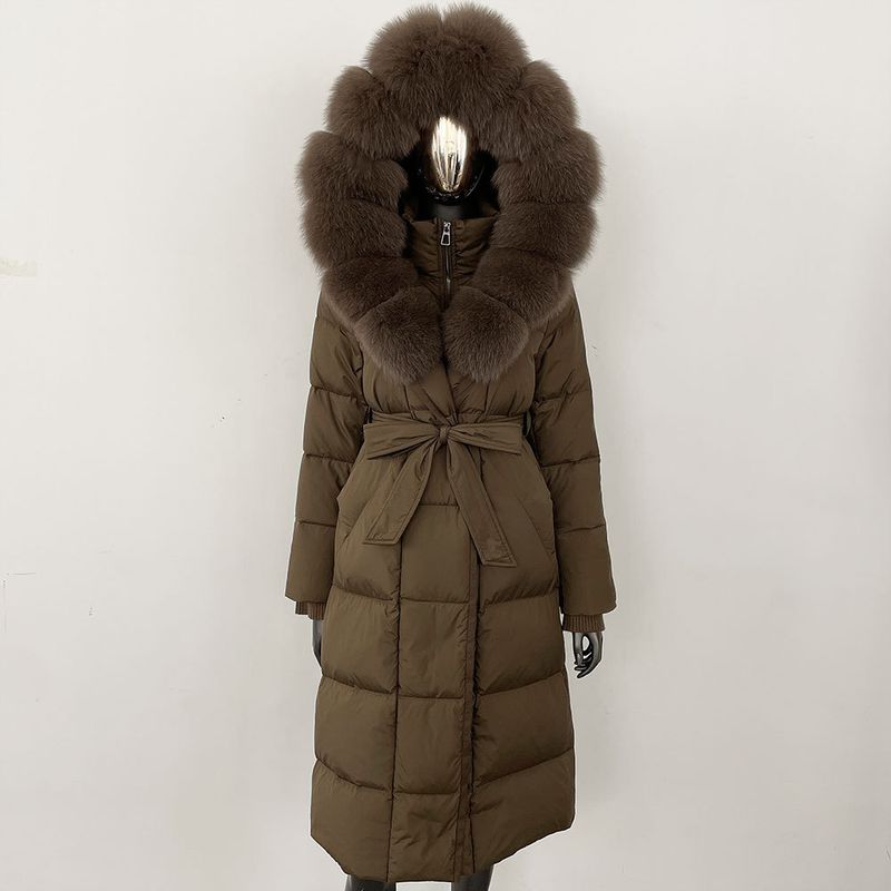 Fox Fur Large Collar Down Jacket With Hood And Long Style For Winter, Slim Waist And Knee Length Thickened Women's Coat_voghion.com
