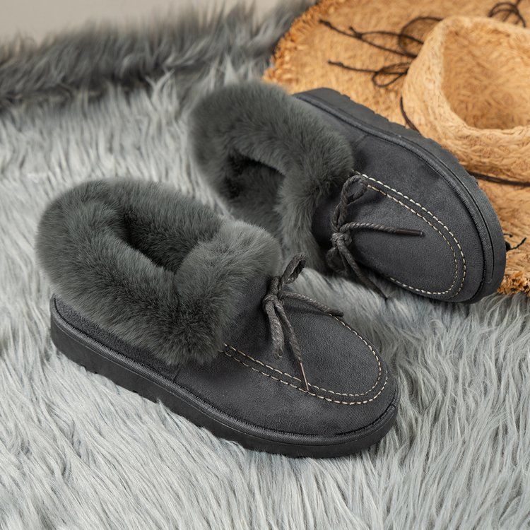 Chaussures pour femmes, mocassins moelleux à enfiler, chaussures d'hiver chaudes doublées de fausse fourrure, chaussures décontractées avec nœud papillon, bout rond et semelle plate_voghion.com