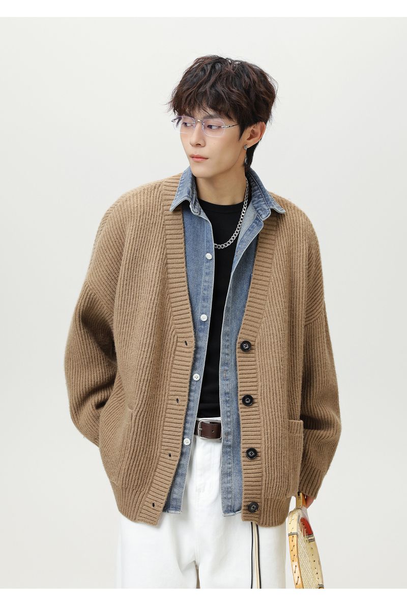 Schwerer strukturierter Strickcardigan, Oversize-Pullover mit V-Ausschnitt für Herren, grob gerippter Pullover mit überschnittener Schulter, minimalistische Streetwear für den Herbst_voghion.com