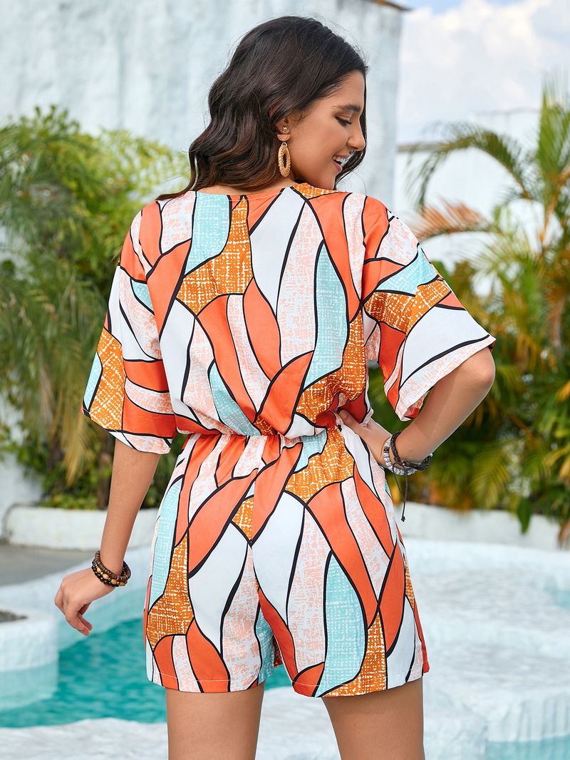 Jumpsuit Suit For Women Plaid Color Block Positioning Print Short Sleeve Tie Beach Vacation Sun Protection Clothing_voghion.com