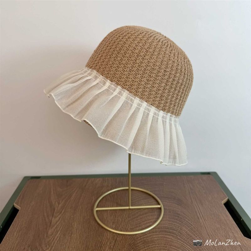 Cappello da pescatore lavorato a maglia con gonna in pizzo e giunture, cappello da sole estivo lavorato a maglia per bambini_voghion.com