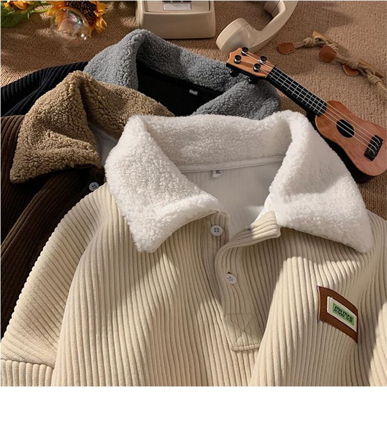 Felpa con collo a polo in velluto a coste da uomo, autunno e giacca in lana di agnello spessa foderata in pile, coppia, inverno, giovani_voghion.com