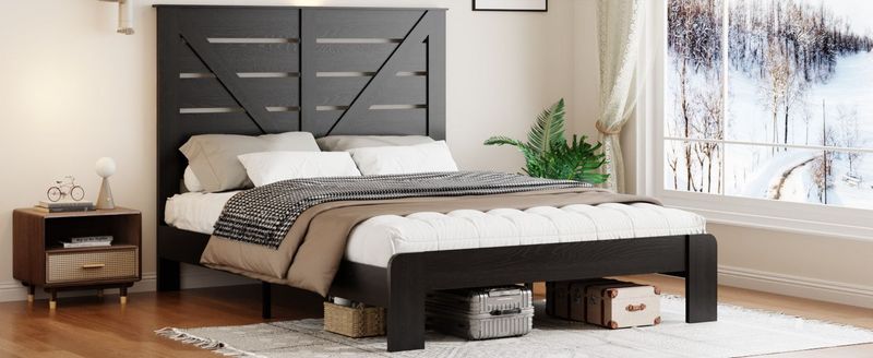 King Bed Frame Headboard , Wood Platform Bed Frame , Noise Free,No Box Spring Needed And Easy Assembly Tool,Large Under Bed Storage, Black_voghion.com