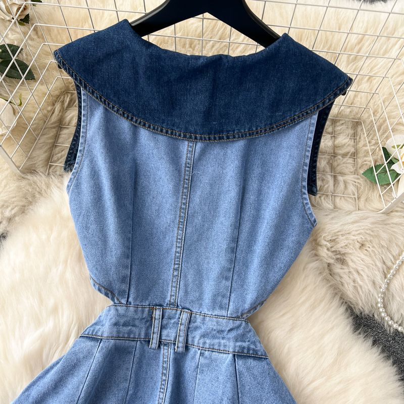 Design di abbigliamento femminile Sense Abito senza maniche con ampio risvolto per le donne, abito in denim retrò lungo e sottile con vita cava esposta per le donne_voghion.com