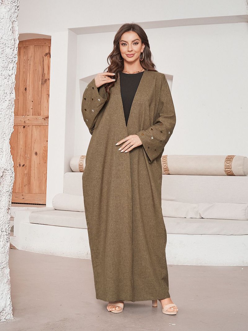 Damenbekleidung, elegantes, besticktes, herzförmiges Muster, langes muslimisches Kleid im Cardigan-Stil, modisches Polyestergewebe, zweifarbige Robe_voghion.com