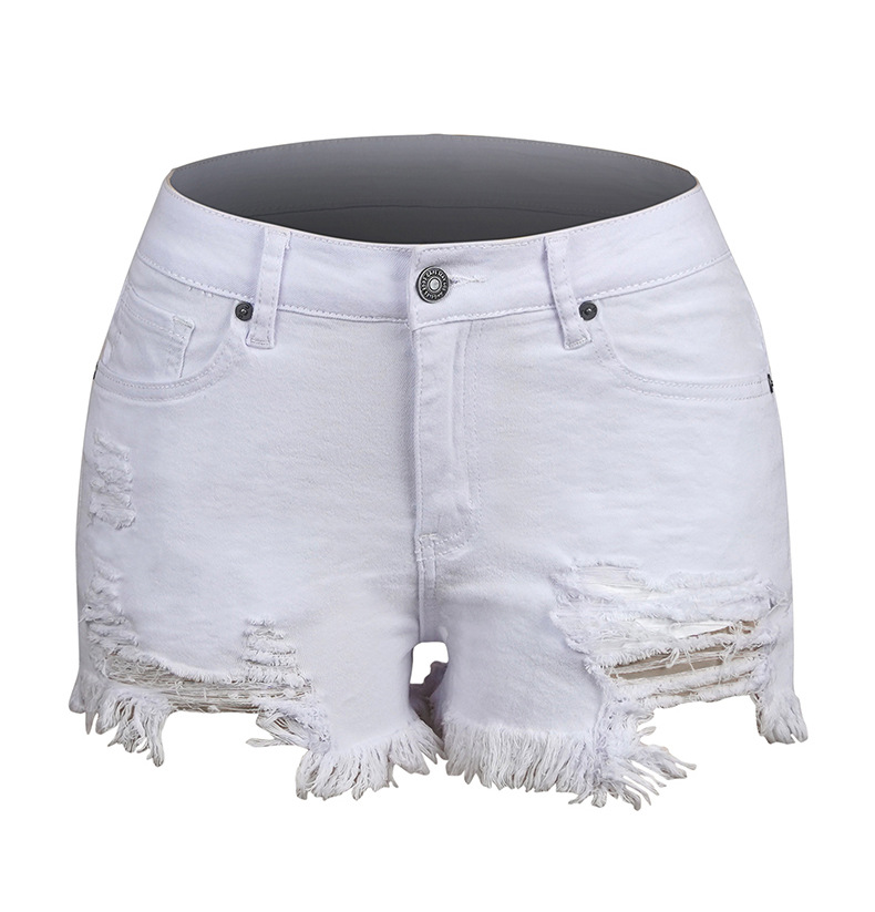 Pantaloncini in denim elasticizzato con nappe strappate stile caldo da donna stile caldo super caldo_voghion.com