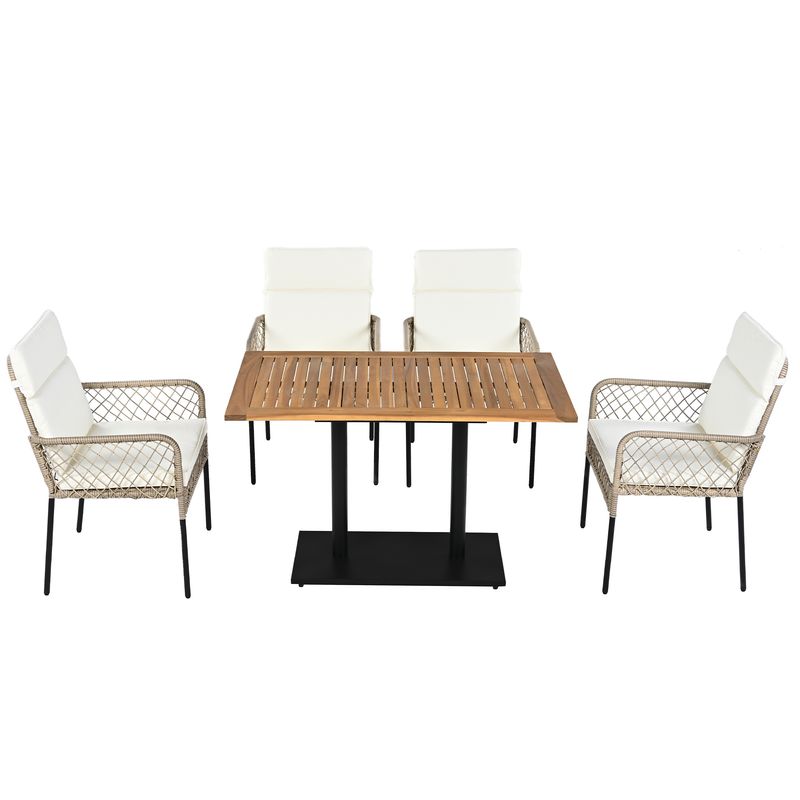 Ensemble de salle à manger d'extérieur 5 pièces pour 4 personnes, table en acacia massif, chaises en rotin synthétique, pour jardin et terrasse_voghion.com