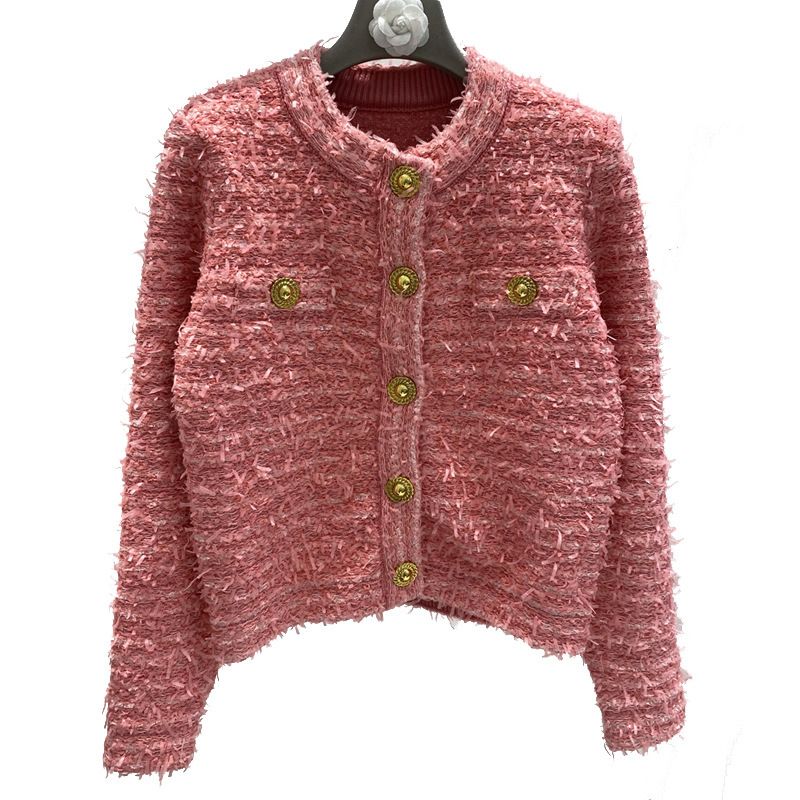 Elegante gebreide cardigan met bloemenmotief – lange mouwen met gouden knopen en open voorkant (roze, S/M/L)_voghion.com