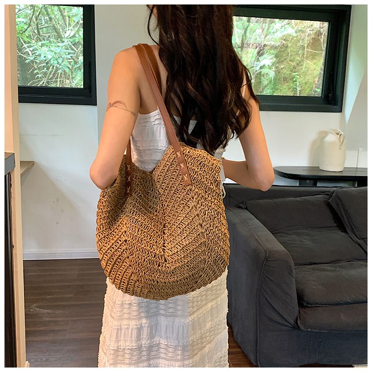 Borsa di paglia Borsa intrecciata Borsa di paglia intrecciata Mori Borsa da spiaggia per donna Borsa da spiaggia intrecciata Borsa a tracolla singola di grande capacità_voghion.com