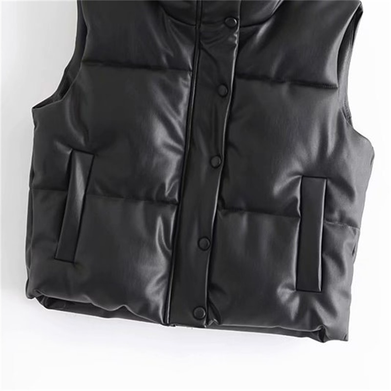 Amerikanischen Retro Frauen Schwarz Pu Puffy Weste Winter Dicke Parkas Jacke Mode Mäntel Faux Leder Unten Weste Lose Weste_voghion.com