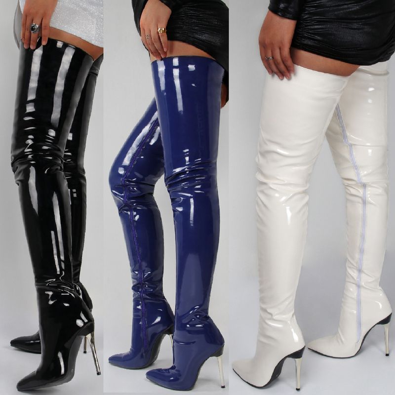 Damen Lackleder Iwwerknéistiefelen Héich Absatz Sexy Héich Stiefel 2023 Nei Grouss Gréisst Stiletto Damenstiefelen Botas Mujer_voghion.com