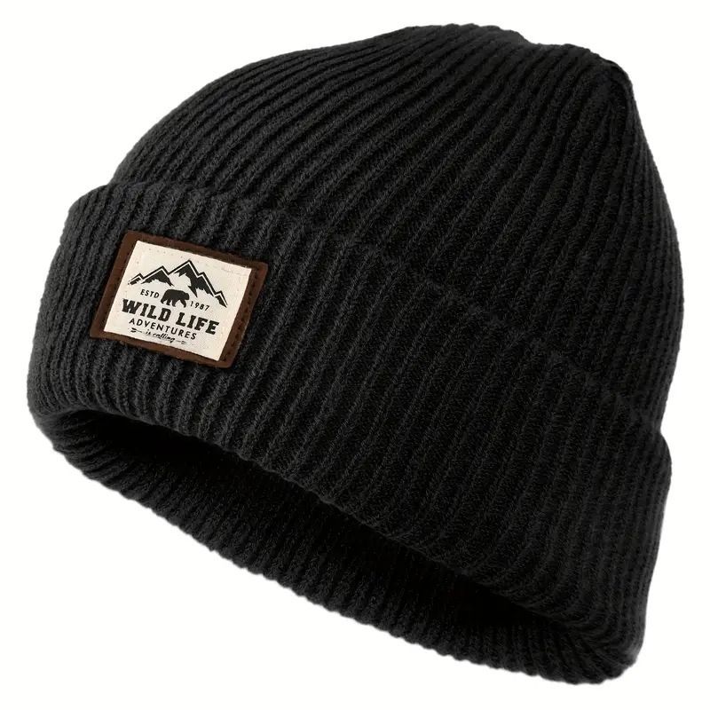 Cappello lavorato a maglia caldo con bordo arrotolato, per uomo e donna, con toppa a lettere, autunno e inverno, colore tinta unita_voghion.com