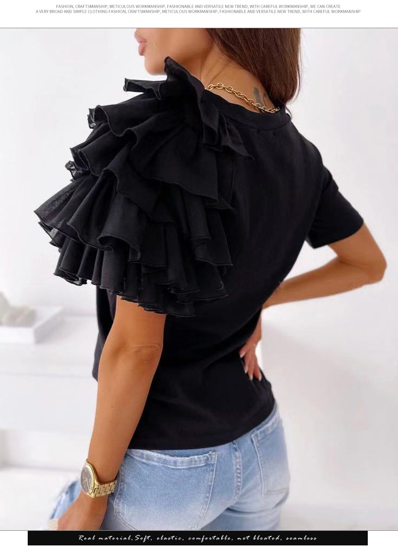 2022 Japan and South Korea Temperament Simple Fashion Ruffle Petals Short Sleeve Asymmetric Round Neck T-shirt Women_voghion.com