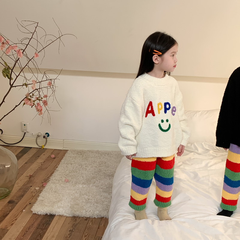 Children's Homewear Winter Boys And Girls Letter Rainbow Striped Pajamas Set Children's Soft Homewear_voghion.com