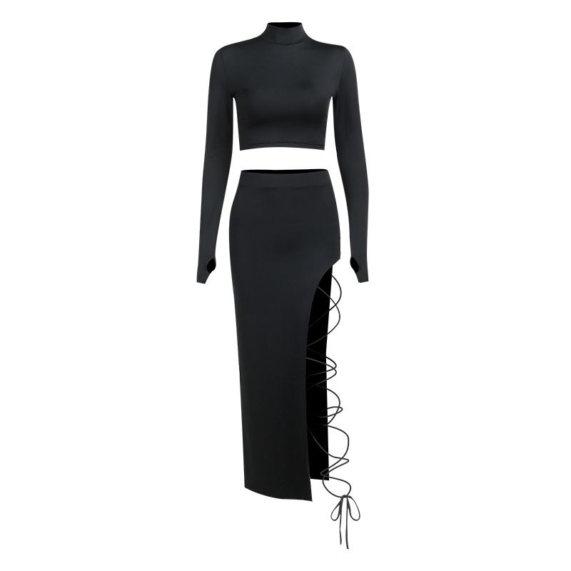 Terno feminino de cor sólida, manga comprida, top curto curto, cintura alta, sexy, com cadarço, saia com fenda_voghion.com