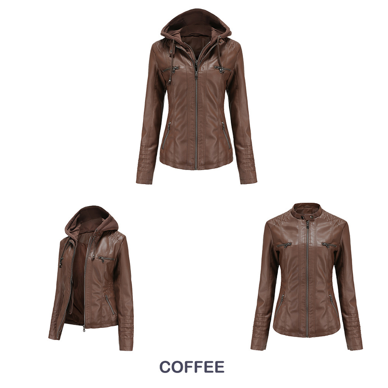 Giacca in pelle con cappuccio da donna, set da due pezzi, staccabile, di grandi dimensioni, in pelle PU lavata da donna_voghion.com