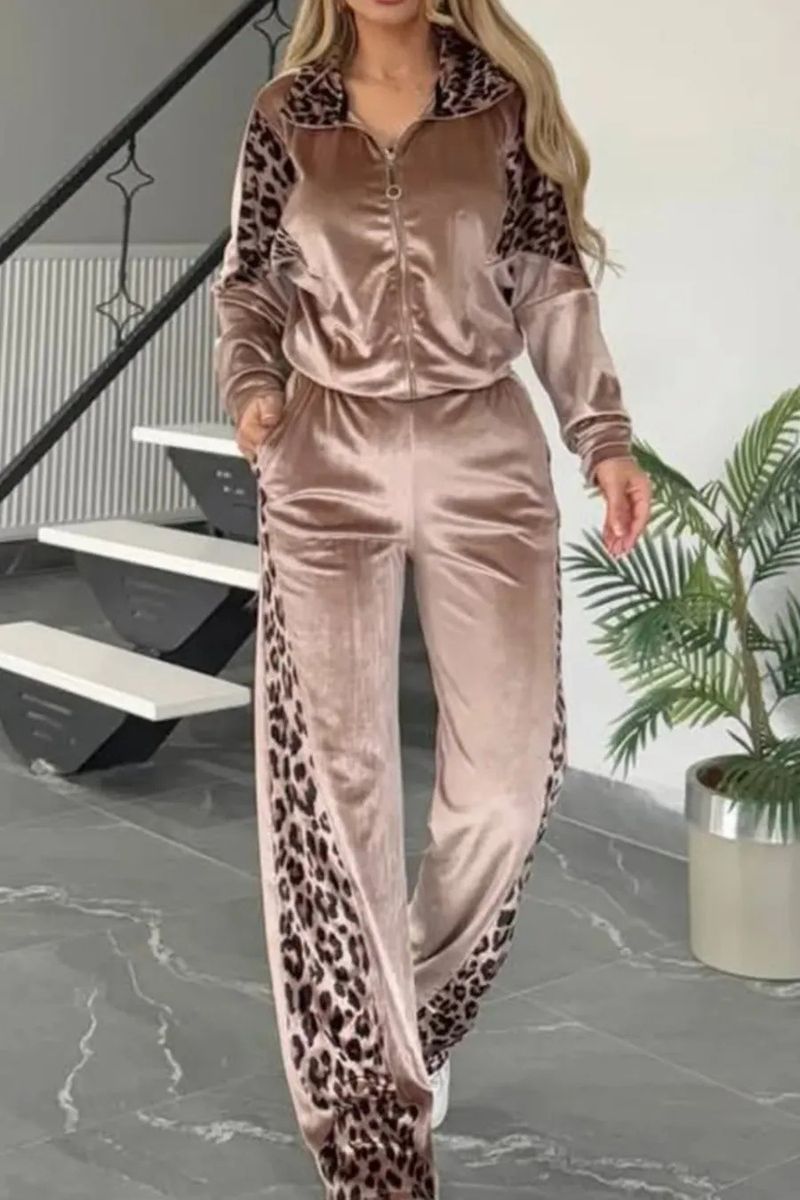 Dameskleding Luipaardprint Contrastbroek Lange mouwen Thuiskleding Pak_voghion.com