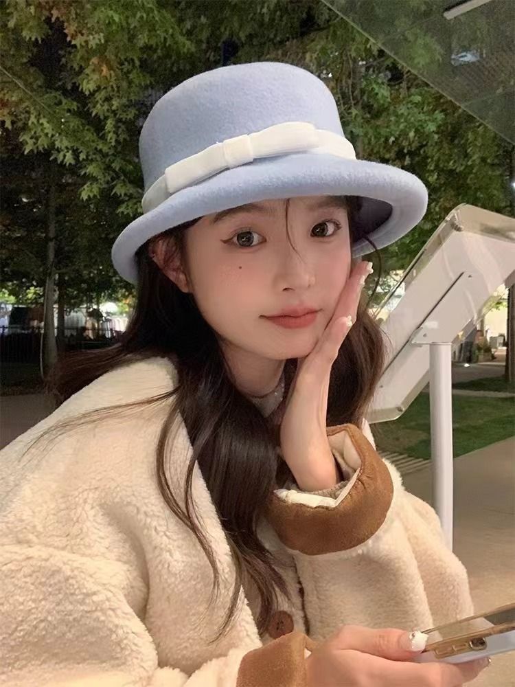 100% Australian Wool Women's Fisherman's Hat, Small Size With Velvet Bow For Fall And Winter, French-style Elegant Bucket Hat_voghion.com