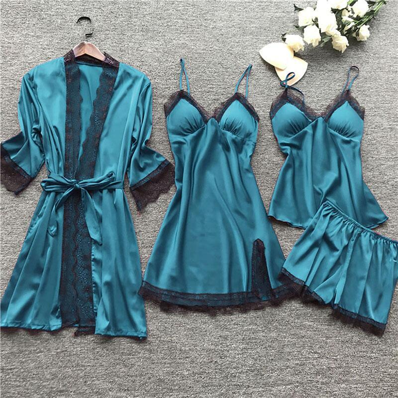 Pijama sexy Midnight Glamour, pijama sexy, conjunto de cuatro piezas, tirantes para mujer con almohadillas para el pecho_voghion.com