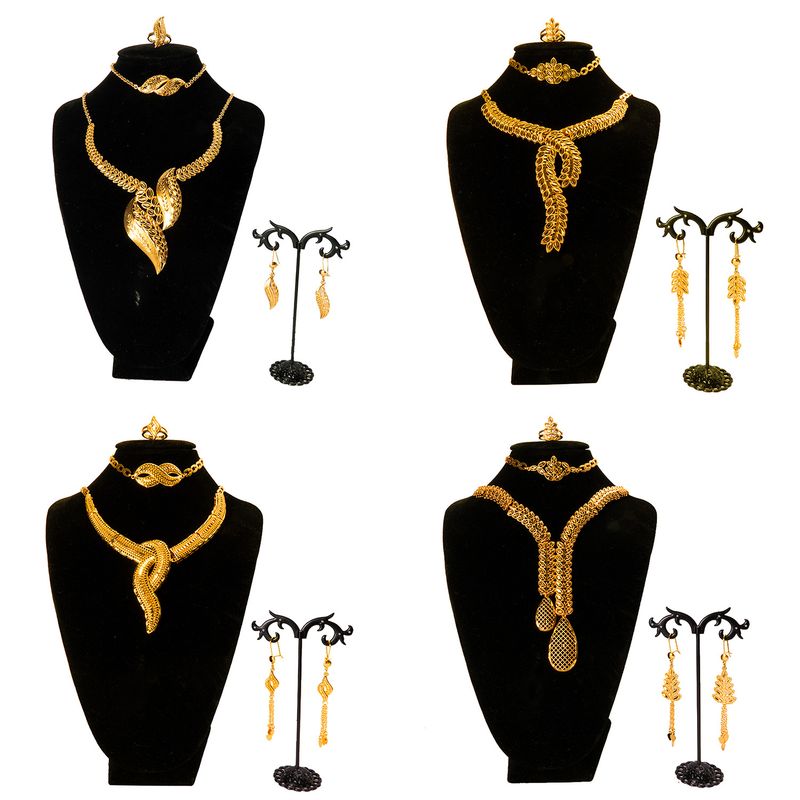Kupfervergoldete arabische Brautkette, Ohrringe, Ringe, Armbänder, indisches Damen-Goldschmuckset_voghion.com