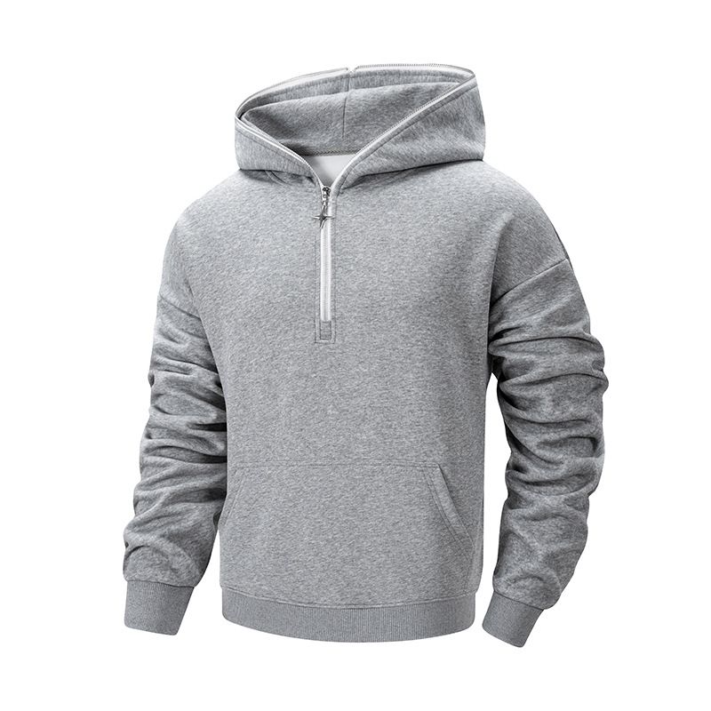 Herren-Kapuzenpullover mit halbem Reißverschluss – 320 g Baumwollmischung, lockerer Schnitt, lässiger Pullover für Outdoor und Sport_voghion.com