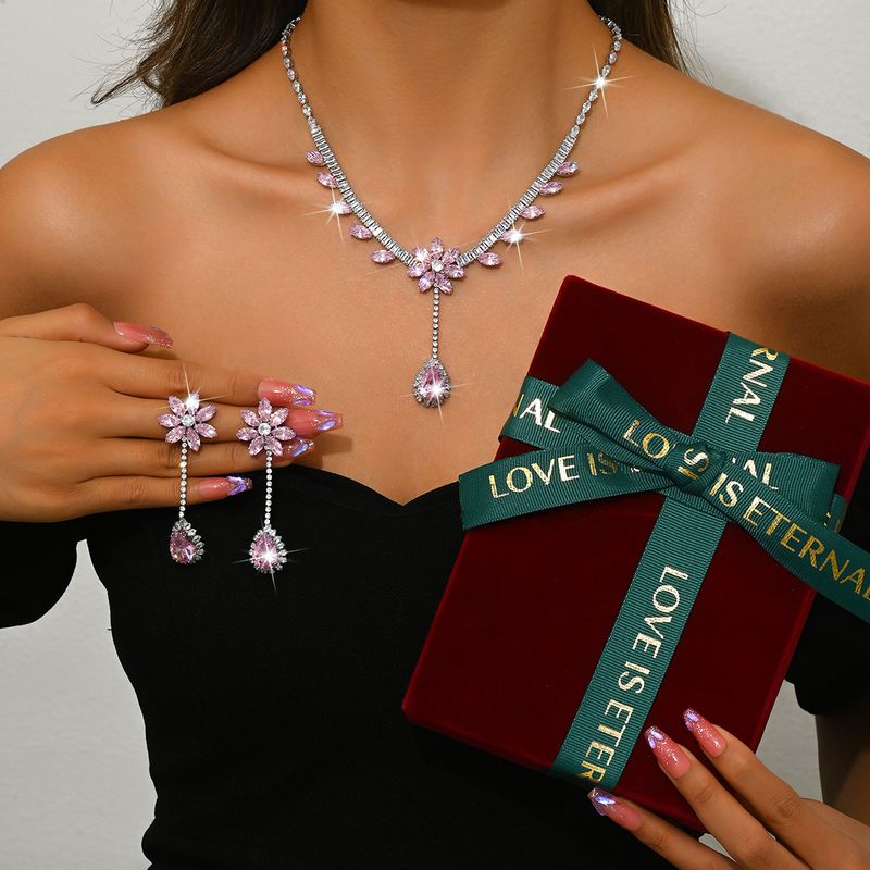 Women's Jewelry Set Fashion Trend Zircon Luxury Necklace Earrings Set Hot Style Wearing Skirt Pink Flower Tassel_voghion.com