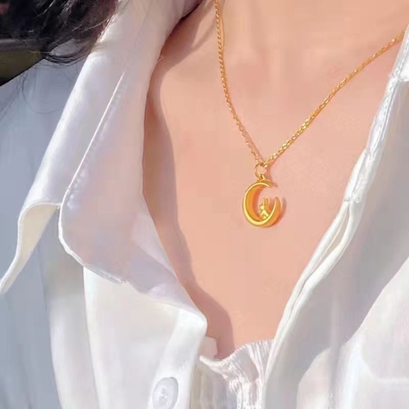 Collier de lapin en or et sable de même style avec pendentif en forme de lapin blanc et lune, anneau d'oreille de lapin, bijoux cadeaux pour petite amie_voghion.com