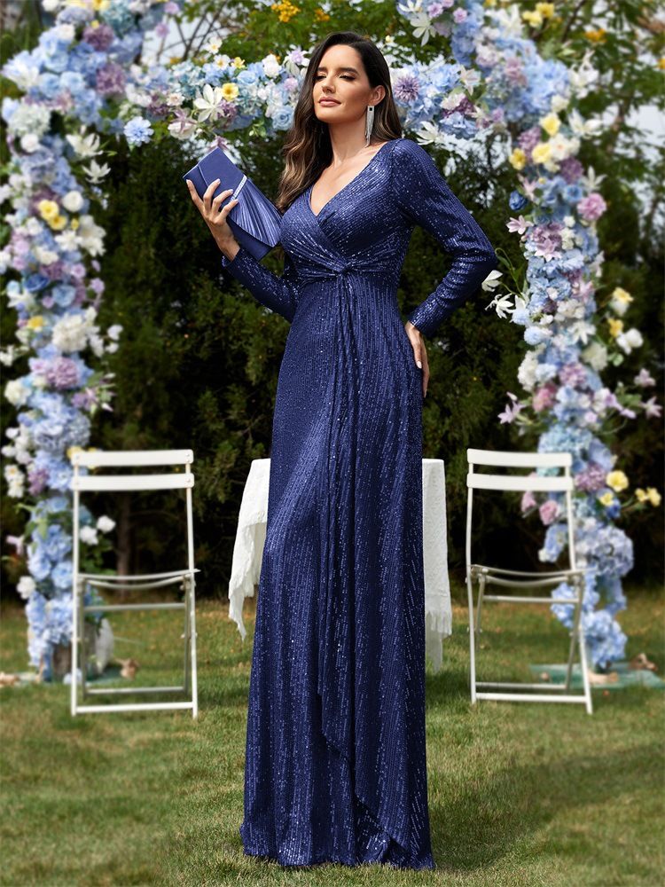 Abito da sera a sirena con scollo a V e maniche lunghe da donna_voghion.com