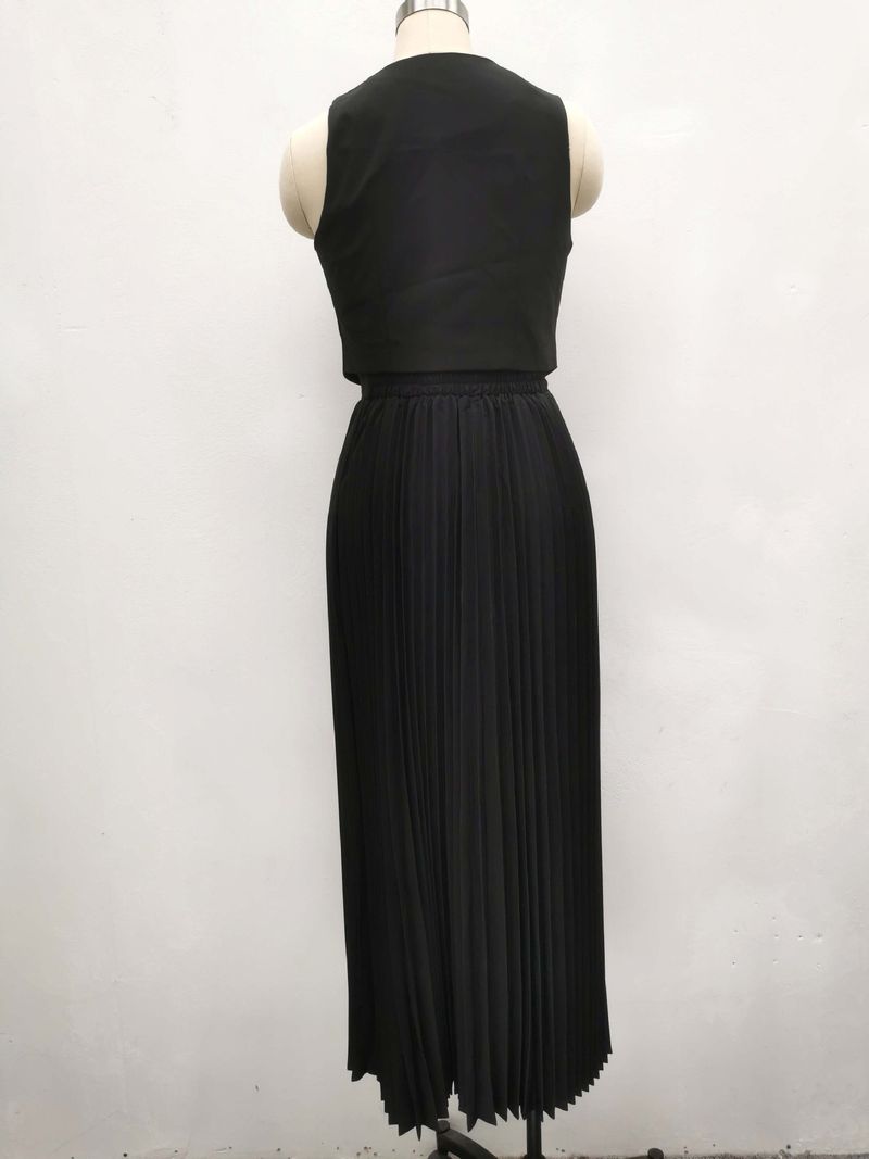 Damenbekleidung, neue Anzüge für Damen, Sommer, ärmellose Weste, halblanger, plissierter langer Rock, zweiteiliger Anzug_voghion.com