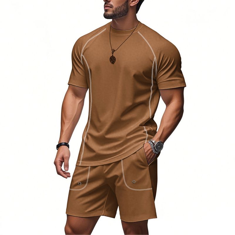Herenset met snel drogende raglanmouwen, T-shirt en korte broek – zomersportkleding (zwart/grijs/denimblauw/abrikoos, S-XXXL)_voghion.com