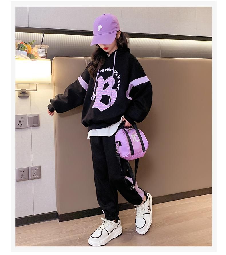 Tenue de sport printemps-automne pour filles, nouveau style 2024, pull à capuche ample pour enfants de taille moyenne et grande, ensemble deux pièces_voghion.com
