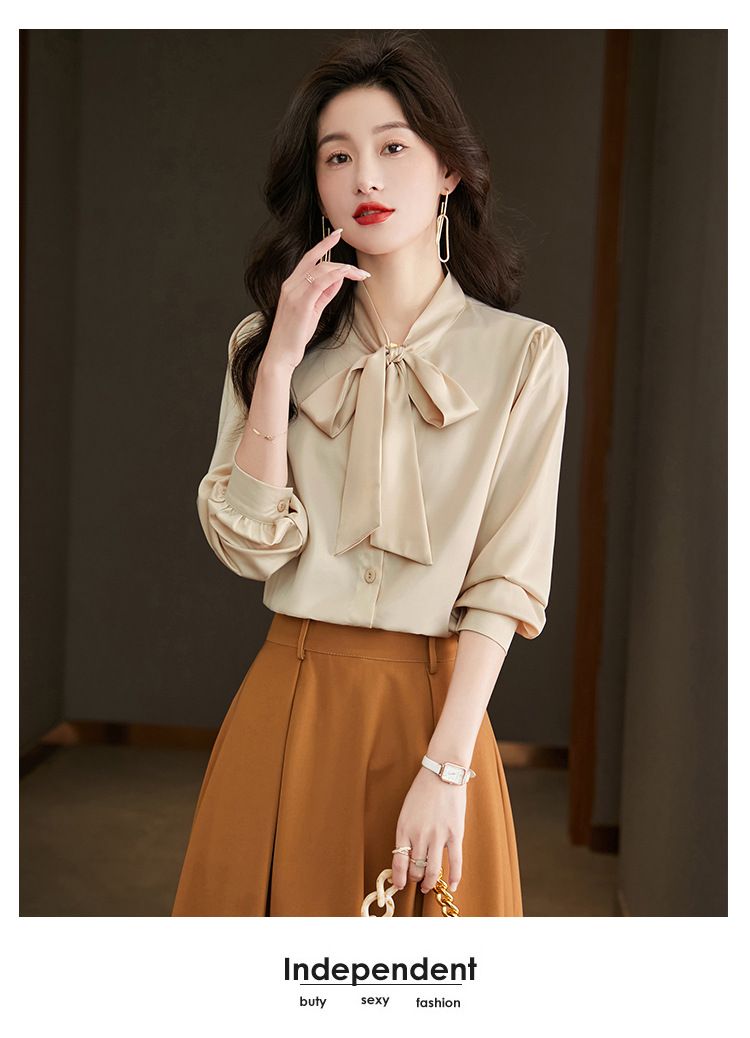 K New Bow Tie Design Women's Shirt; Minority Professional Style Satin Blouse With Sash_voghion.com
