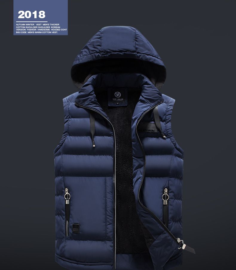 Veste sans manches matelassée d'hiver pour homme, à capuche amovible, fermeture éclair et col montant (noir, marine, olive, kaki, bordeaux)_voghion.com